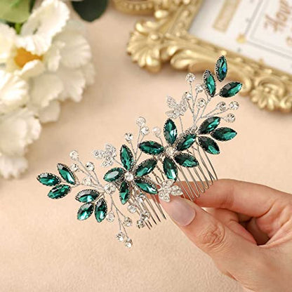 Casdre Crystal Bride Wedding Hair Comb Silver Leaf Bridal Hair Accessories Rhinestone Party Prom Hair Piece for Women and Girls (C Green) - color: C Green