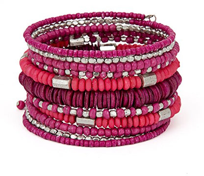 SPUNKYsoul Handmade Bohemian Multi-Color Beaded Coil Bracelet – Comfortable, Adjustable Boho Wrap Cuff That Stacks Easily and Lets You Effortlessly Elevate Any Outfit, Day or Night - style: Pink