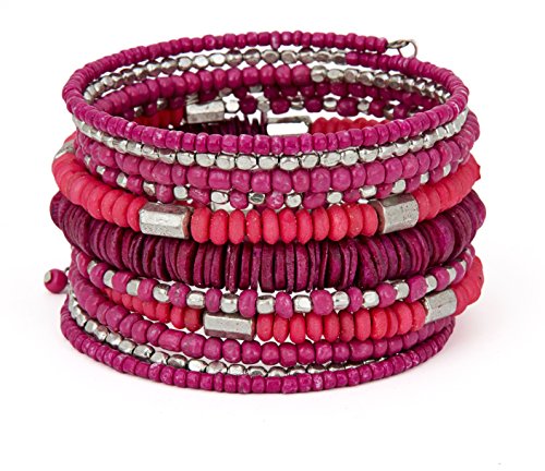 SPUNKYsoul Handmade Bohemian Multi-Color Beaded Coil Bracelet – Comfortable, Adjustable Boho Wrap Cuff That Stacks Easily and Lets You Effortlessly Elevate Any Outfit, Day or Night - style: Pink
