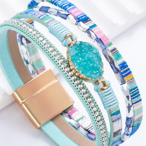 Boho Chunky Leather Wrap Bracelets Stackable Beaded Western Country Jewelry | Crystal Bead Trendy Layered Cuff Magnetic Clasp Stack Bohemian Statement Costume Outfits Cowgirl Fashion Hippie Accessories - color: Boho Blue, size: 7.7"