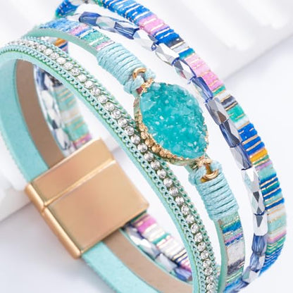 Boho Chunky Leather Wrap Bracelets Stackable Beaded Western Country Jewelry | Crystal Bead Trendy Layered Cuff Magnetic Clasp Stack Bohemian Statement Costume Outfits Cowgirl Fashion Hippie Accessories - color: Boho Blue, size: 7.7"