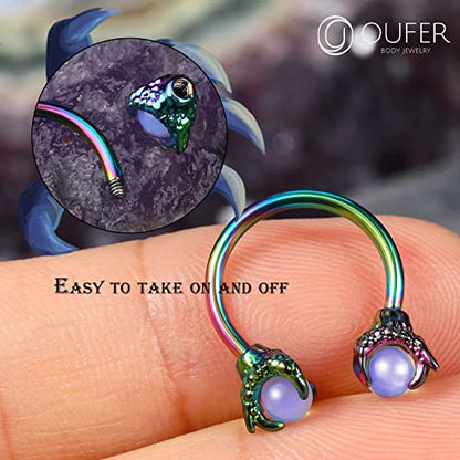 OUFER 316L Surgical Steel Circular Earrings Two White Opals Surrounded by Dragon Claws Cartilage Earing Ear Body Piercing Jewelry Helix Earrings Piercing… - color: Rainbow Opalite