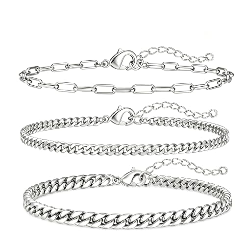 Mens Bracelet - Dainty Gold/Silver Chain Bracelet Stack 14K Gold Plated Silver Bracelets for Men Stainless Steel Adjustable Cross Charm Cuban Link Bracelet Snake Jewelry Set to Men Dad Birthday Day - color: S4, size: 8+2 inch