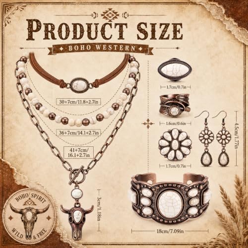Ecally Bohemian Western Jewelry Turquoise Set Women Country Pendant Long Choker Layered Bracelets Earrings Ring for Women - color: White, style: Retro