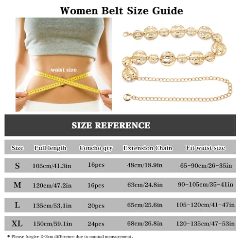 LIMHOO Women's Metal Waist Chain Belts Gold Silver Link Belt for Dresses - color: Circle Gold, size: S: Length 105cm/41.3in