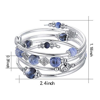 Beaded Pearl Bangle Wrap Bracelet - Fashion Bohemian Jewelry Multilayer Charm Bracelet with Thick Silver Metal Beads, Gift For Women - color: Navy Blue