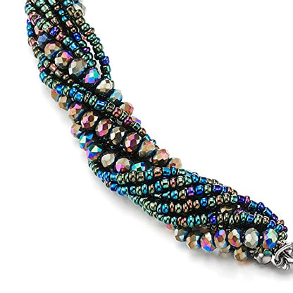 COOLSTEELANDBEYOND Multi-Layer Beads Crystal Braided Chain Choker Collar Magnetic Clasp,Statement Necklace, Bracelet - color: P-Necklace Colorful Color-02