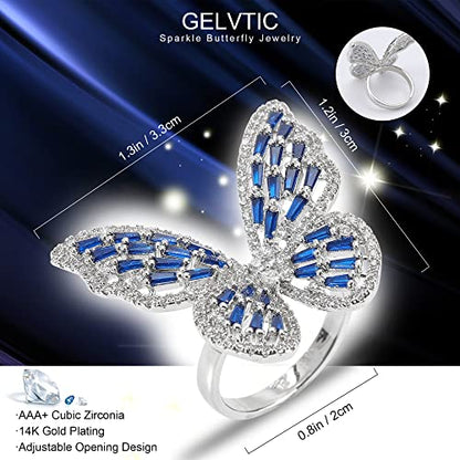 Butterfly Rings for Women Adjustable Golden Cocktail Ring Sparkly Stones Statement Silver Bow Open Wrap Bow Jewelry Bridesmaids Wedding Valentine’s Day Gift Lover Mother - color: JZ03-Silver Blue