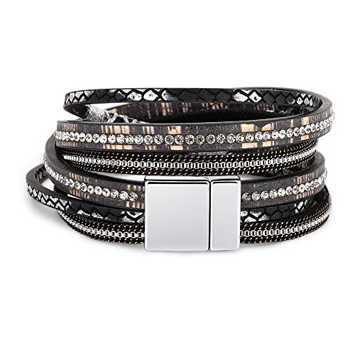 Emibele Layered Leather Bracelet, Rivet Leopard Print Bohemian Style Multilayer Wrap Bracelet, Handmade Agate Amethyst Chakra Crystal Glass Beaded Shell Bracelet for Women - color: Black