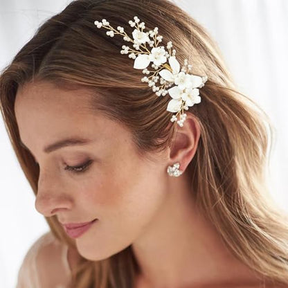 White Bridal Hair Clip Wedding Pearl Ceramic Flower Leaf Hair Piece Accessories for Women Girls