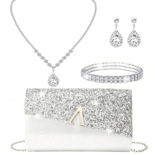YYW 4 Pieces Women Evening Handbags Clutch Purse Bag with Rhinestone Crystal Jewelry Set for Wedding Party - color: silver 1