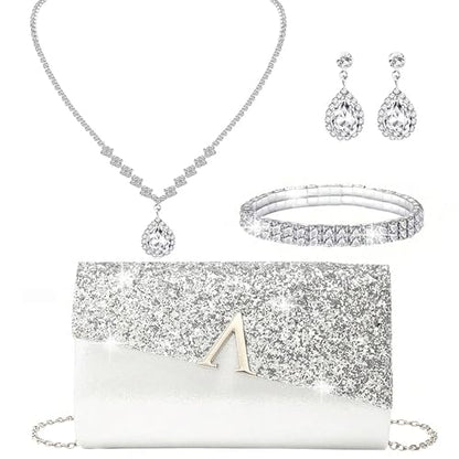 YYW 4 Pieces Women Evening Handbags Clutch Purse Bag with Rhinestone Crystal Jewelry Set for Wedding Party - color: silver 1