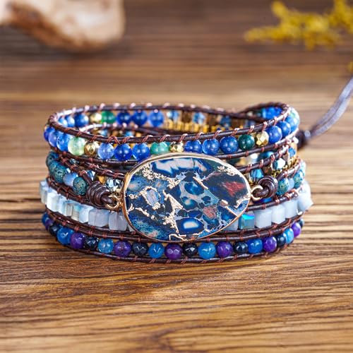 Plumiss Women Boho Handmade Natural Stone Crystal Leather Bead Wrap Bracelets Collection - style: Blue Gold Jasper