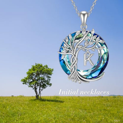 TOUPOP Gifts for Women Tree of Life Initial Necklace 925 Sterling Silver Letter Pendant with Blue Crystal Birthday Jewelry Gifts for Women Her Mom Wife Daughter - color: Tree of Life K Initial