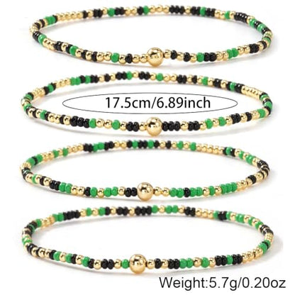 Seed Beaded Stack Bracelets Set for Women,Small Boho 4Pcs Colorful Handmade Dainty Trendy Gold Stretch Accessories Jewelry, Summer Daily Party Friendship Gift - color: Green