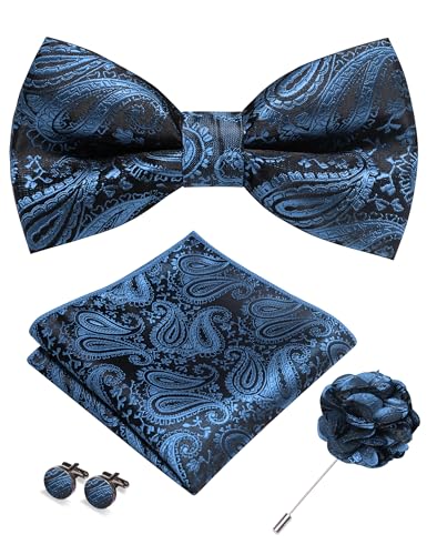 JEMYGINS Mens Paisley Bow Tie and Lapel Pin Necktie Pocket Square and Tie Clip with Sets for Business Casual 4PCS - color: Light Blue