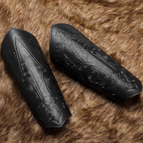 Medieval Leather Bracers Dragon Embossed Viking Leather Bracers Leather Arm Armer Cuff Leather Gauntlet Costumes Accessories - style: Medieval Sward Pattern Leather Bracers-black