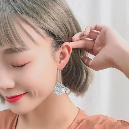 Bohemian Daisy Flower Matte Floral Long Petal Drop Dangle Earrings Layered Tiered for Women Chic Boho Wedding Jewelry - color: Silver