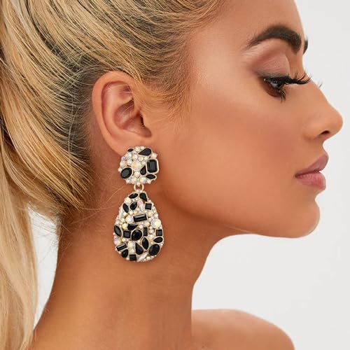 EVER FAITH Glamour Rhinestone Statement Clip-on Earrings, Fashion Chic Art Deco Sparkly Marquise Water Drop Crystal Dangle Earrings for Women - color: Black Gold-Tone