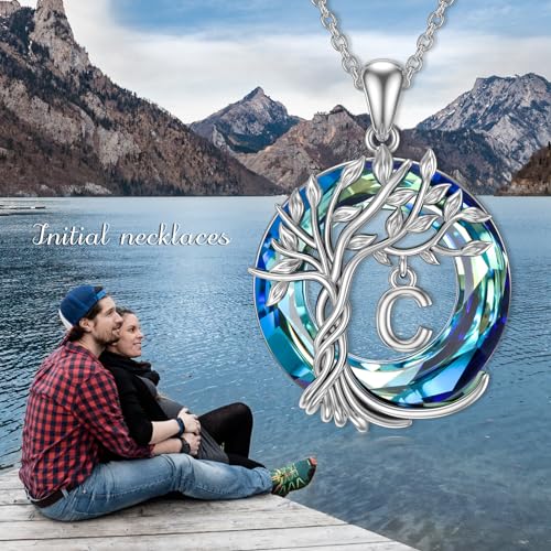 TOUPOP Gifts for Women Tree of Life Initial Necklace 925 Sterling Silver Letter Pendant with Blue Crystal Birthday Jewelry Gifts for Women Her Mom Wife Daughter - color: Tree of Life C Initial