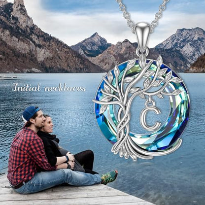 TOUPOP Gifts for Women Tree of Life Initial Necklace 925 Sterling Silver Letter Pendant with Blue Crystal Birthday Jewelry Gifts for Women Her Mom Wife Daughter - color: Tree of Life C Initial