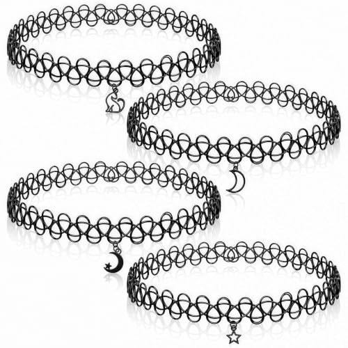 4PCS 90s Tattoo Gothic Choker Necklace Set with Storage Box - Black Stretchy Elastic Necklace with Cat Moon Star Pendant Vintage Trendy Y2K Fashion Jewelry, Adjustable Retro Gothic Grunge Aesthetic Accessories for Women