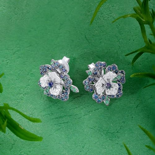 Santuzza Sterling Silver Gemstone Flower Earrings for Women - color: [A]Peony-Blue(Stud)