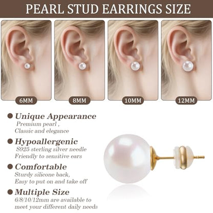 Shell Pearl Stud Earrings for Women, 925 Sterling Silver Posts | 18K Gold Plated, Round White Simulated Pearl Earrings for Sensitive Ears, Hypoallergenic Minimalist Jewelry - size: 10mm