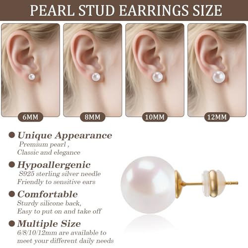 Shell Pearl Stud Earrings for Women, 925 Sterling Silver Posts | 18K Gold Plated, Round White Simulated Pearl Earrings for Sensitive Ears, Hypoallergenic Minimalist Jewelry - size: 12mm