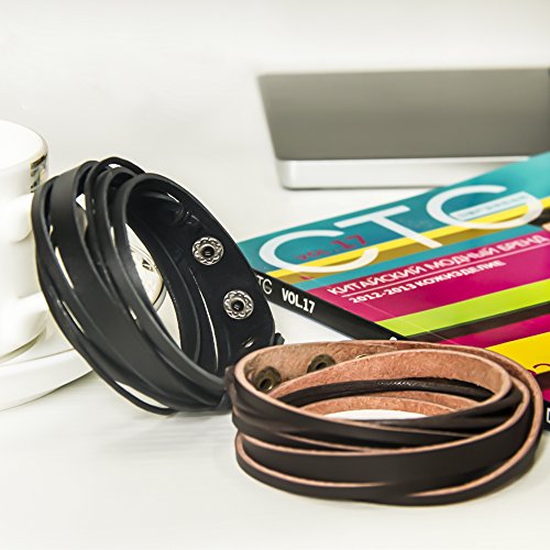 Handmade Genuine Vintage Leather Wrist Cuff Wrap Bracelet Adjustable - style: C: 2 Pcs set (Brown and Black)