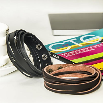 Handmade Genuine Vintage Leather Wrist Cuff Wrap Bracelet Adjustable - style: C: 2 Pcs set (Brown and Black)