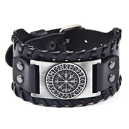 GelConnie Viking Bracelet Punk Leather Cuff Bracelet Gothic Leather Wristband Bracelet with Nordic Amulet Scandinavian Talisman Celtic Pagan Jewelry - color: Black Compass