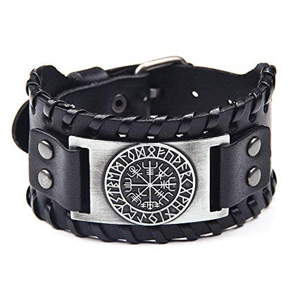 GelConnie Viking Bracelet Punk Leather Cuff Bracelet Gothic Leather Wristband Bracelet with Nordic Amulet Scandinavian Talisman Celtic Pagan Jewelry - color: Black Compass