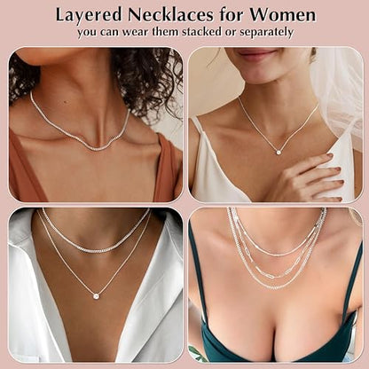 WomenGifts Layered Gold Necklaces for Women, 14K Gold Sterling Silver Plated Dainty Pendant Necklace Set Non Tarnish, Chunky Stackable Cuban Chain Choker, Trendy Birthstone Vacation Jewelry Gift - color: Silver, style: Cubic Zirconia