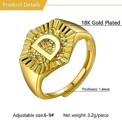 U7 Initial Ring Wedding Band for Men Women 18K Gold Plated Statement Hexagon A-Z Letter Jewelry Personalized Stackable Signet Rings - color: D