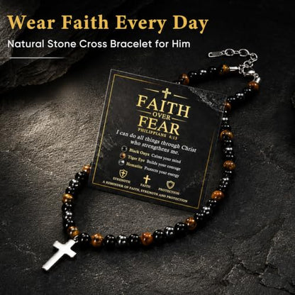 Beaded Cross Necklace Gifts for Men - Triple Protection Black Onyx Obsidian Tiger Eye Natural Stone Necklace Stainless Steel Cross Pendant Stress Relief Balance Faith Jewelry Gifts for Husband Dad Son - color: PHILIPPIANS 4:13