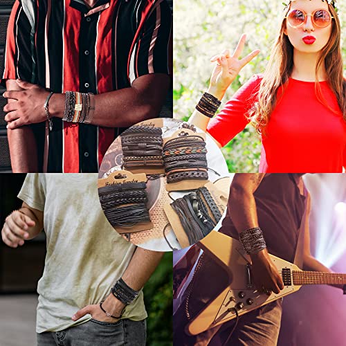 SONNYX 44 Pcs Braided Leather Bracelets for Men Women | Woven Cuff Wrap Bracelets Hemp Cords Wood Beads Ethnic Tribal Bracelets Adjustable Leather Wristbands