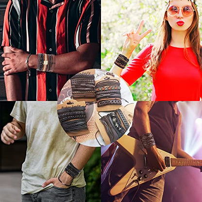 SONNYX 44 Pcs Braided Leather Bracelets for Men Women | Woven Cuff Wrap Bracelets Hemp Cords Wood Beads Ethnic Tribal Bracelets Adjustable Leather Wristbands