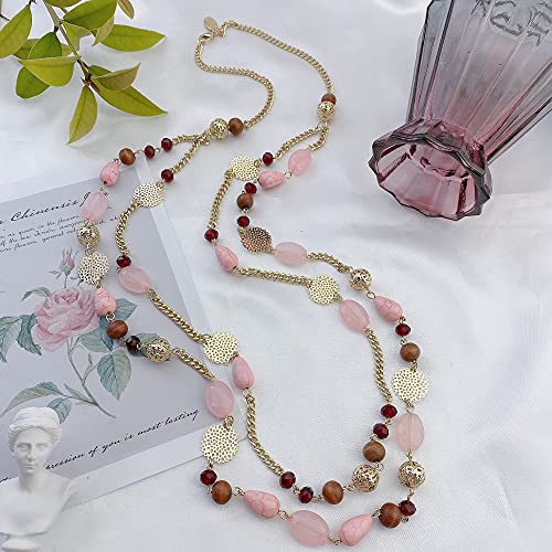 Bocar Long Necklaces for Women Trendy, Boho Layered Crystal Beaded Collar Necklaces for Women, Fashion Statement Necklaces Jewelry - color: Pink