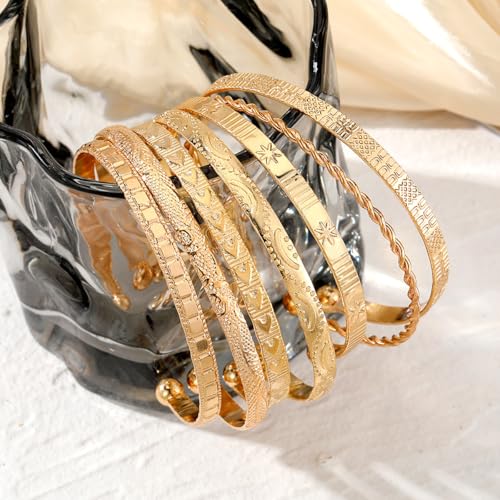 7Pcs Gold Bangle Bracelets for Women 14k Gold Plated Stackable Cuff Bracelet Set Simple Trendy Opening Cuff Bangle Bracelets Bracelet Minimalist Layering Jewelry Gift Set - color: Gold