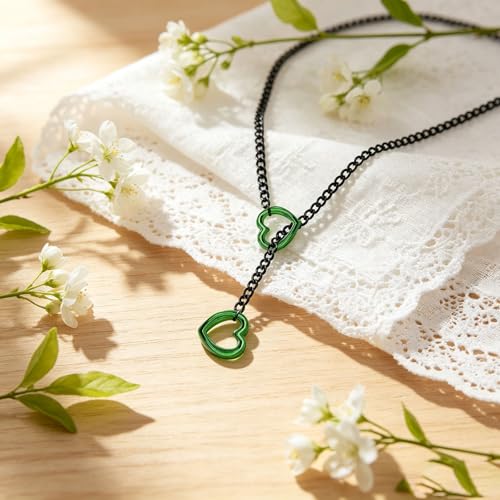 Choker Necklace for Women Gothic Goth Stainless Steel Slip Chain Chunky Long Drop Mens Punk Necklace Jewelry Gift - style: Green Heart