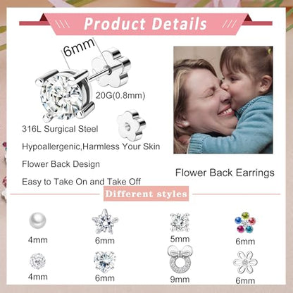 Staligue 8 & 21 Pairs Hypoallergenic Screw Back Earrings for Women – 20G Surgical Steel Flat Back Studs with Heart, CZ, Pearl, Star & Ball Designs | Tiny Cartilage Jewelry Options - color: White