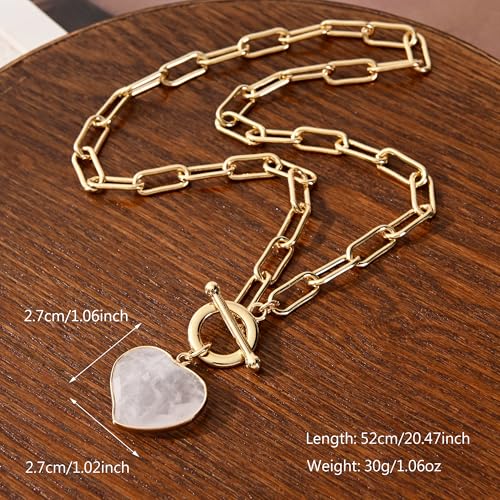 14K Gold Plated Two Sides Carved Stone Heart Shape Necklace for Women Love Pendant Necklace Jewelry for Daily and Gifts - color: pink quartz