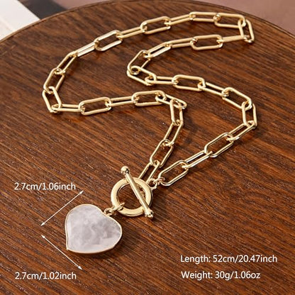 14K Gold Plated Two Sides Carved Stone Heart Shape Necklace for Women Love Pendant Necklace Jewelry for Daily and Gifts - color: pink quartz
