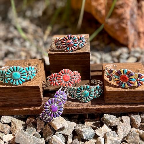 Southwest Style Genuine Gemstones 925 Sterling Silver Cluster Bracelet - color: Spiny Turquoise