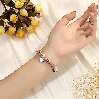 MIXJOY Inspirational Gifts for Women, Heart Charm Pink Elastic Beads Bracelet, Positive Affirmations Get Well Soon Gifts - style: steel heart precious loved pink