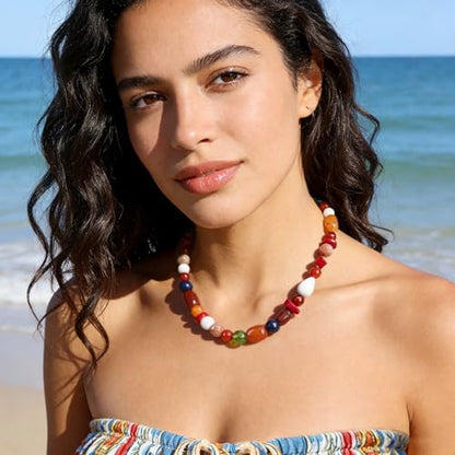 Boho Colorful Chunky Statement Beaded Necklaces for Women,Handmade Women's Fashion Gemstone Bead Choker Necklace,Western Natural Stone Strand Necklace Bib Collar Jewelry Unique Gifts for Women - color: 03-Red