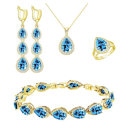 LMXXVJ Necklace Long Earrings Bracelet Set, White Gold Plated Created Blue Sapphire Jewelry Set Wedding Party Gift Jewelry for Women Bridal Bridesmaid - color: Gold-Sky Blue Ring