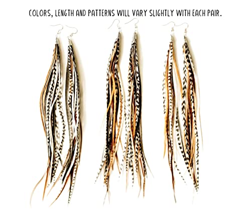 Bohemian handmade long lightweight feather dangle earrings for women - color: Natural