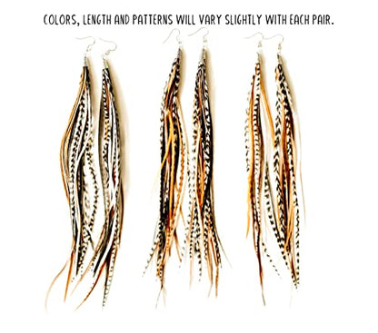 Bohemian handmade long lightweight feather dangle earrings for women - color: Natural